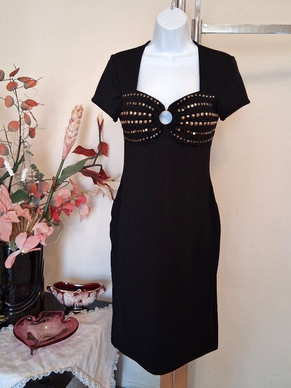 New Blanc Nature Built in Bra Black Cocktail Midi Dress Evening Party Dresses 8